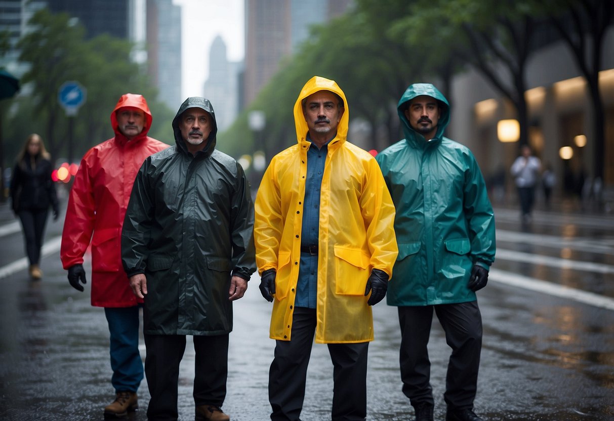 The scene shows various lightweight rain gear materials such as waterproof nylon, breathable polyester, and durable ripstop fabric. Items include jackets, pants, and ponchos