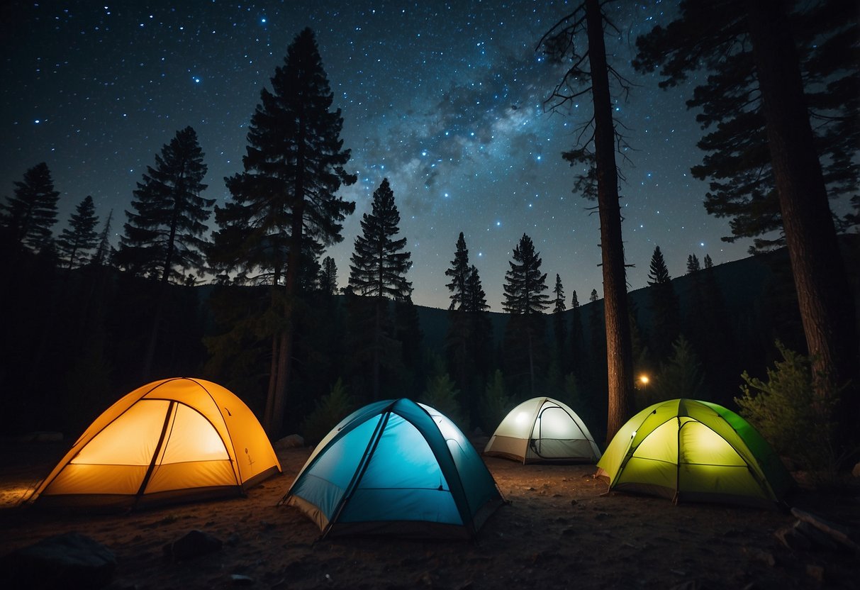 A campsite with 10 colorful, compact sleeping bags laid out under a starry night sky, surrounded by a glowing campfire and towering trees