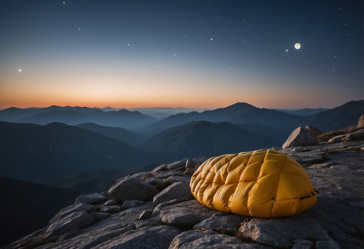 The Western Mountaineering UltraLite sleeping bag lies atop a rocky mountain peak, surrounded by a clear night sky and a bright full moon