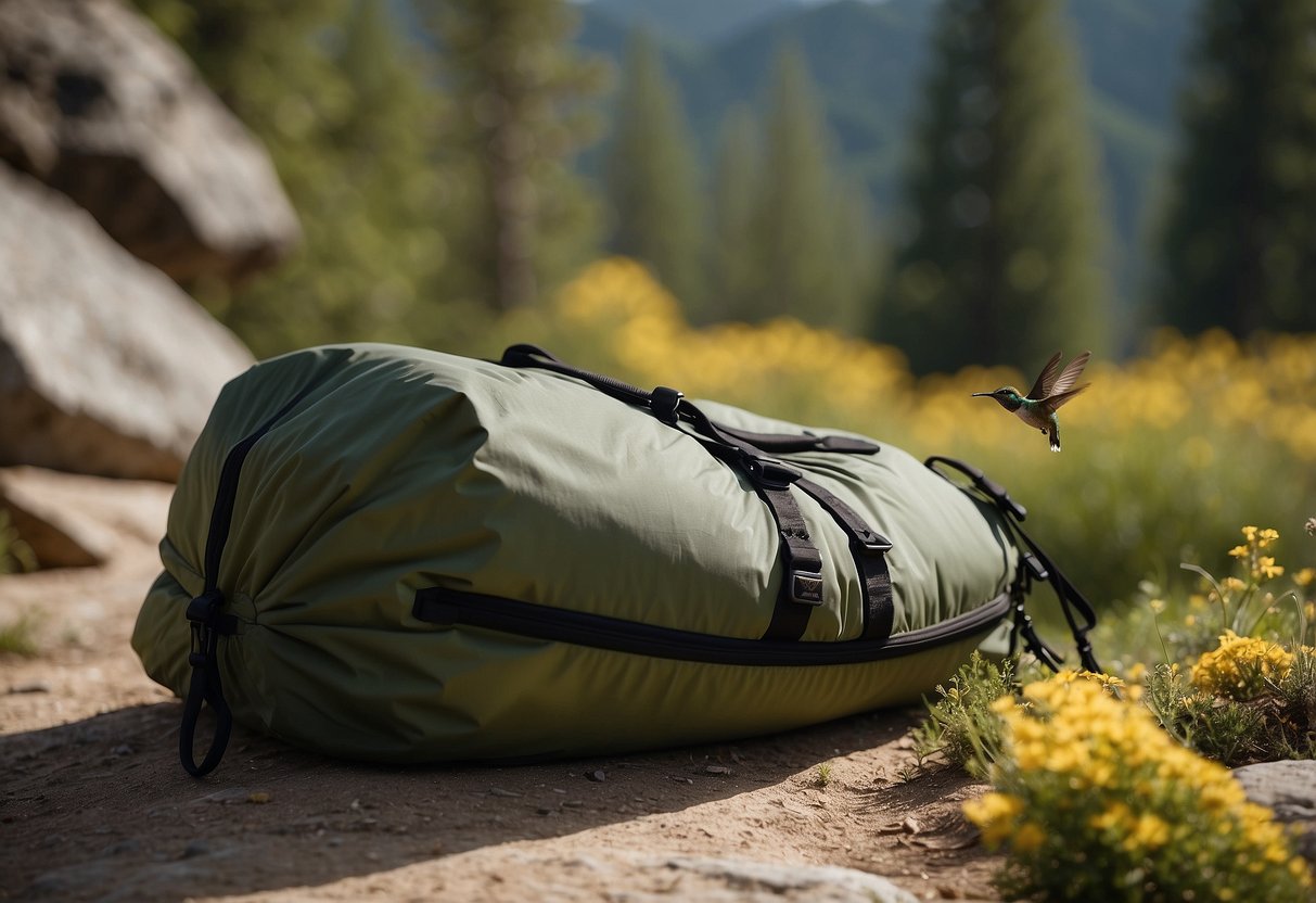 A hummingbird hovers near a Feathered Friends UL 20 sleeping bag in a mountain campsite. The lightweight bag stands out against the natural backdrop