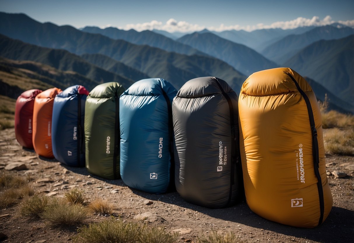 A row of 10 lightweight backpacking sleeping bags displayed with key features highlighted