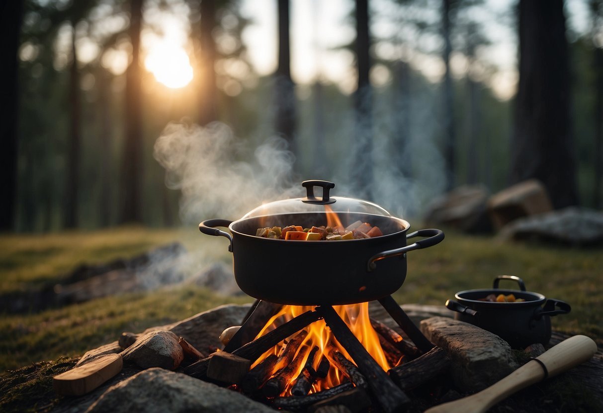 A campfire crackles as a pot of stew simmers. A backpack and cooking utensils lay nearby. Surrounding trees and a clear sky complete the tranquil outdoor setting