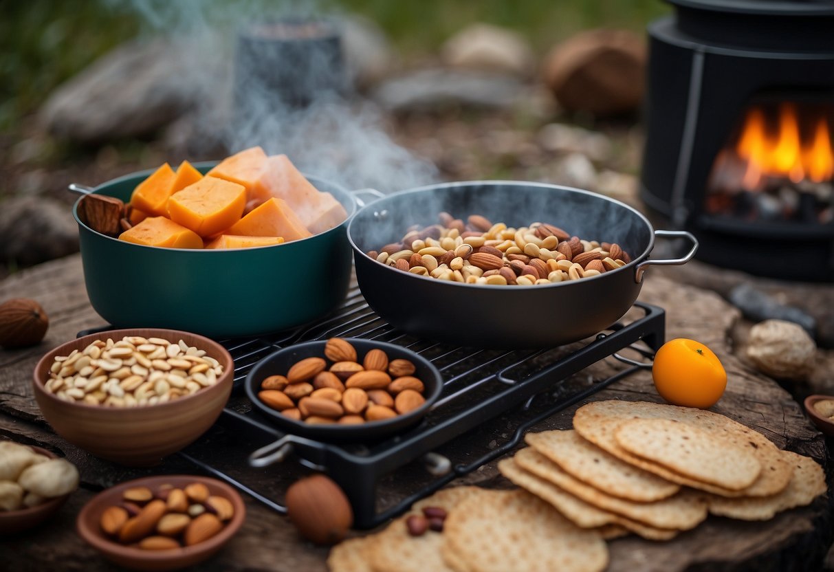 A campfire surrounded by various high-energy foods, such as nuts, dried fruits, and energy bars. A small portable stove sits nearby, with a pot of boiling water and a pan of sizzling food