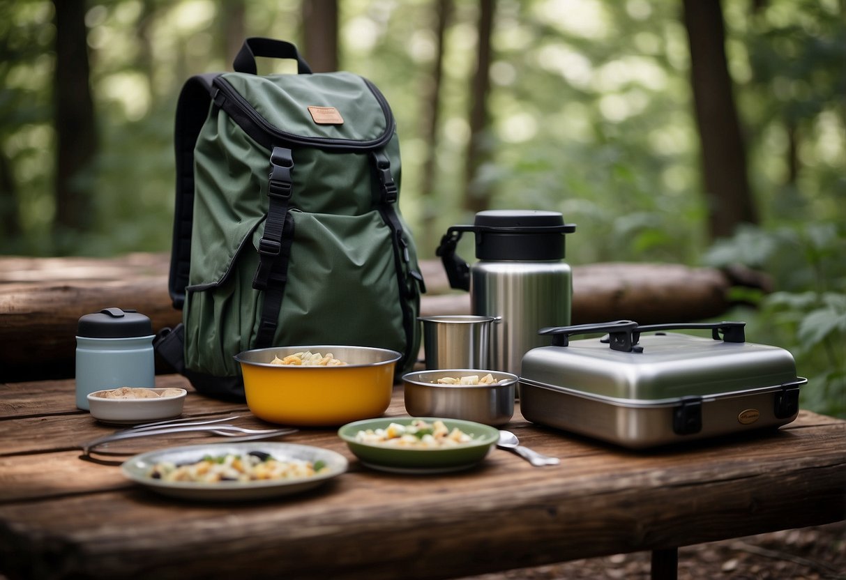 A backpack with reusable utensils, a portable stove, and food ingredients laid out on a campsite table surrounded by trees and a scenic trail