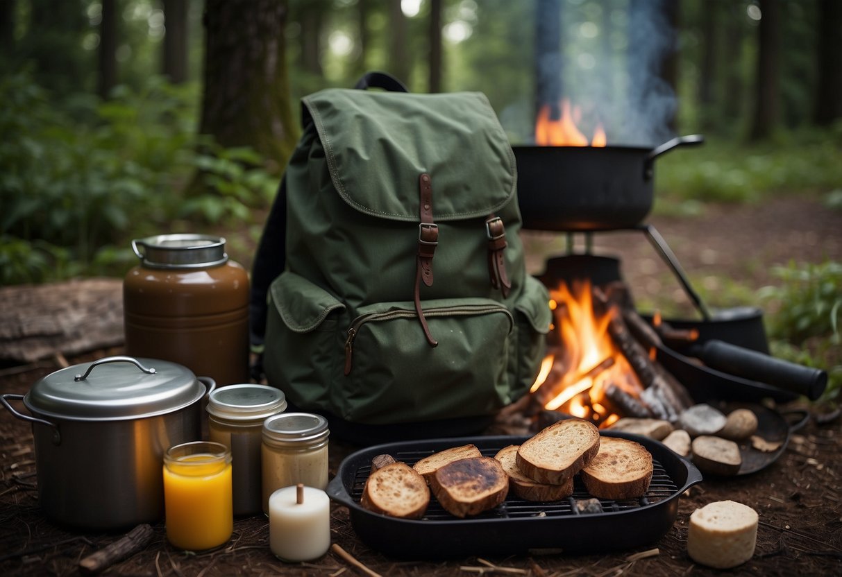 A campfire surrounded by cooking pots and utensils, with a backpack and biodegradable soaps nearby. A trail map and a list of cooking tips are also visible