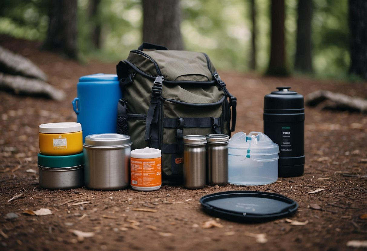 A backpack sits open on the ground, filled with sealed bags of dehydrated food, a compact stove, and collapsible containers for storing water and leftovers. A bear-proof food canister is placed nearby