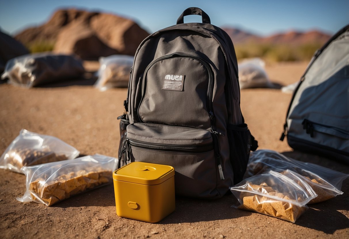 A backpack sits on the ground, surrounded by dehydrated meals in sealed pouches. Airtight containers and vacuum-sealed bags are neatly organized nearby. The sun is shining overhead, casting a warm glow on the scene