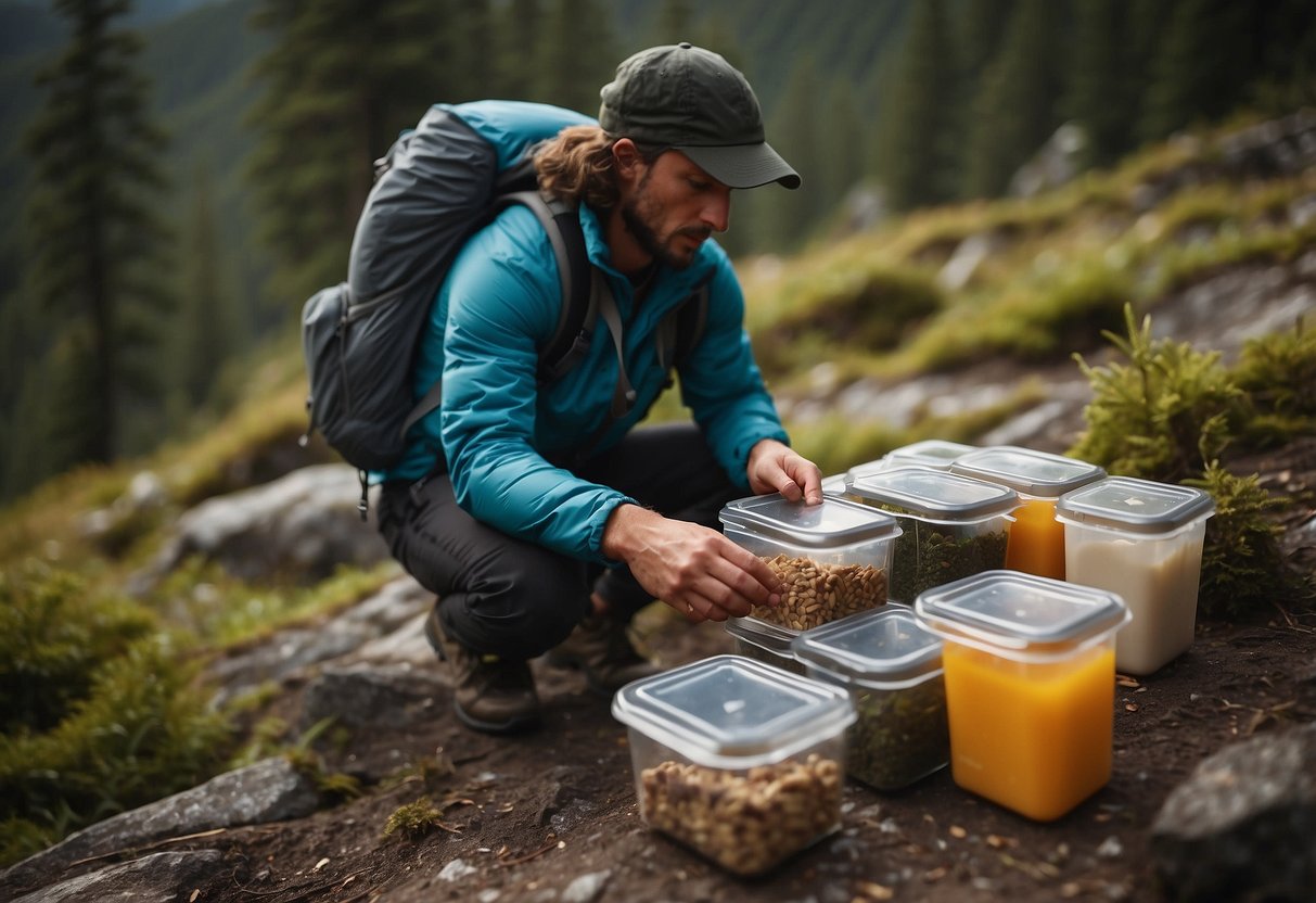 A backpacker carefully selects and packs food into airtight containers, ziplock bags, and lightweight, durable storage options. The containers are organized and secured within the backpack for easy access while on the trail