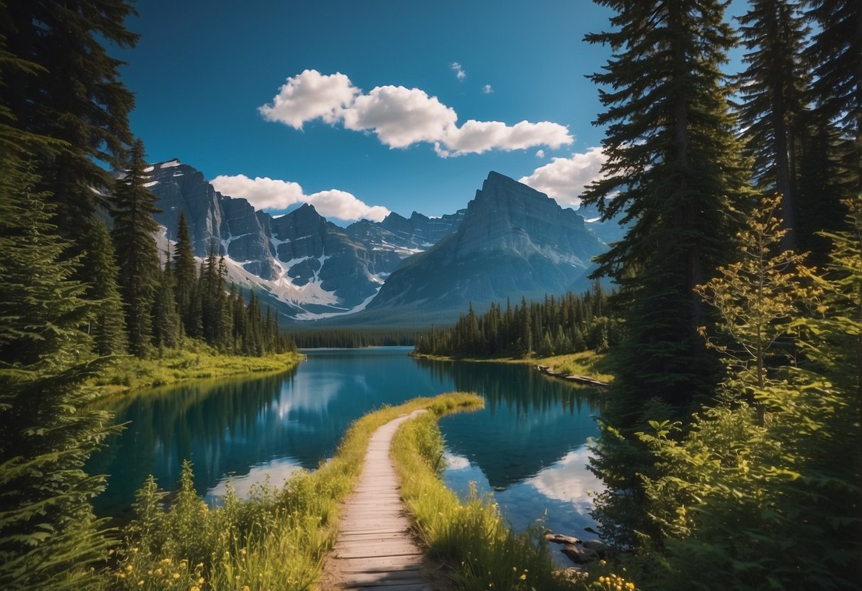 A winding trail cuts through lush Canadian wilderness, with towering mountains in the distance and a crystal-clear lake reflecting the vibrant colors of the surrounding foliage