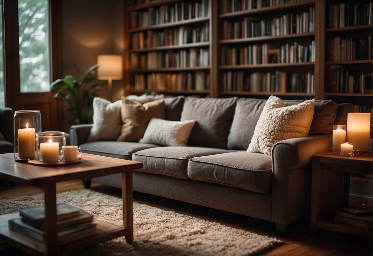 A cozy living room with a plush sofa, coffee table, and bookshelves filled with books. A soft rug covers the floor, and a warm, glowing lamp illuminates the space