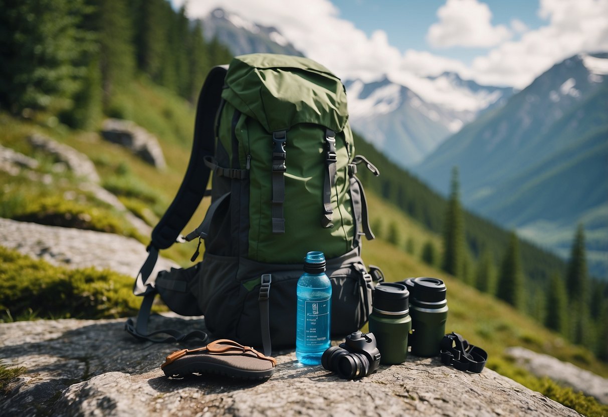 A backpack, hiking boots, water bottle, map, and compass lay on a rocky trail with lush green trees and snow-capped mountains in the background