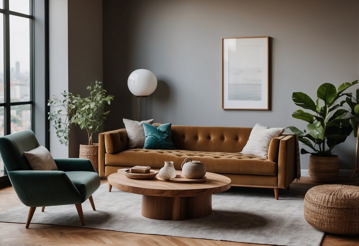 A room with a mix of furniture styles and materials: a sleek modern sofa, a rustic wooden coffee table, and a vintage velvet armchair