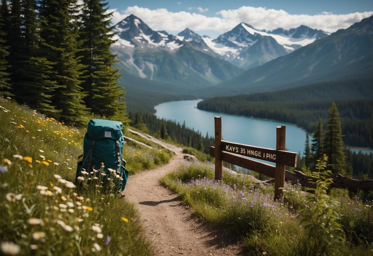 A winding trail cuts through a lush forest, leading to a serene lake with snow-capped mountains in the distance. A backpack rests against a tree, surrounded by wildflowers and a sign with safety tips