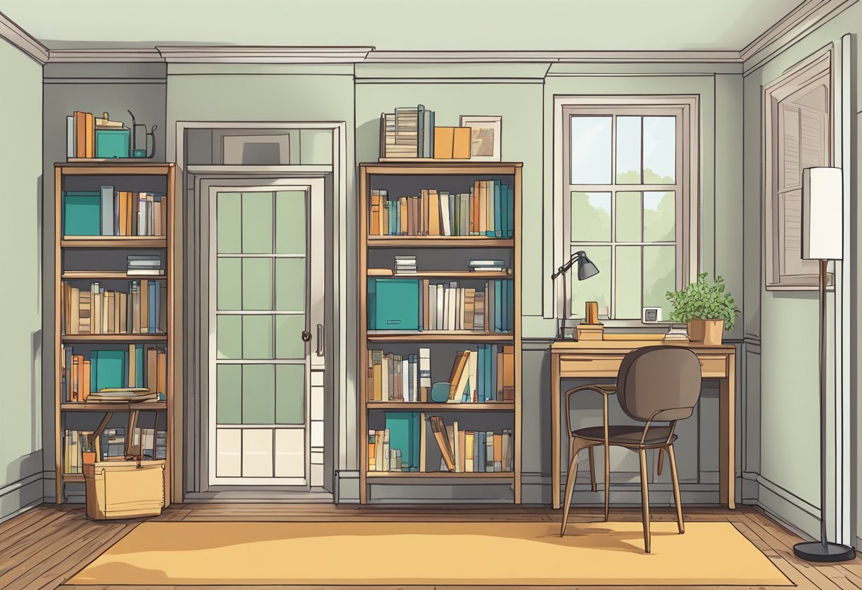 A room with a table, chair, and bookshelf. Dimensions for each item displayed in millimeters