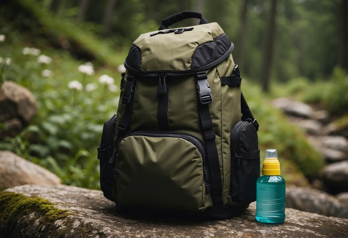 A backpack with neatly organized items, including a water bottle, sunscreen, and trash bag, sits on a rocky trail with lush greenery in the background