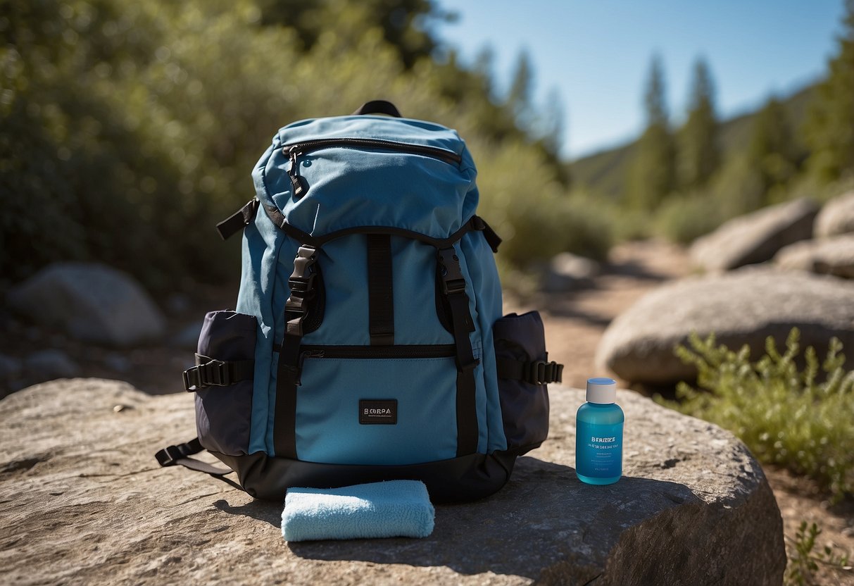 A backpack with biodegradable soap, towel, and toiletries laid out on a rock next to a trail. Surrounding the items are trees, bushes, and a clear blue sky