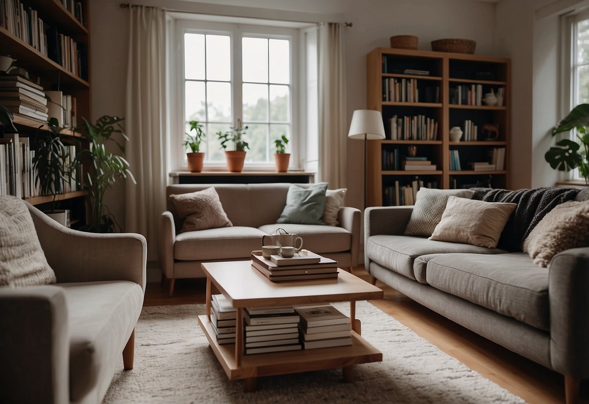 A cozy living room with a comfortable sofa, a functional coffee table, and a stylish armchair. A bookshelf filled with books and a soft rug completes the inviting space