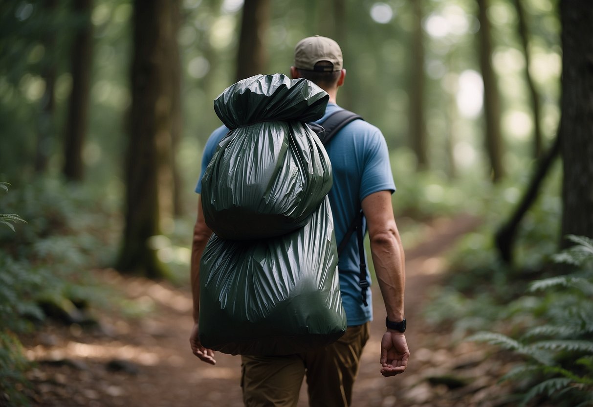 A hiker carrying a full trash bag through a forest, with trees and a trail in the background. The bag is tied securely and the hiker is walking with purpose