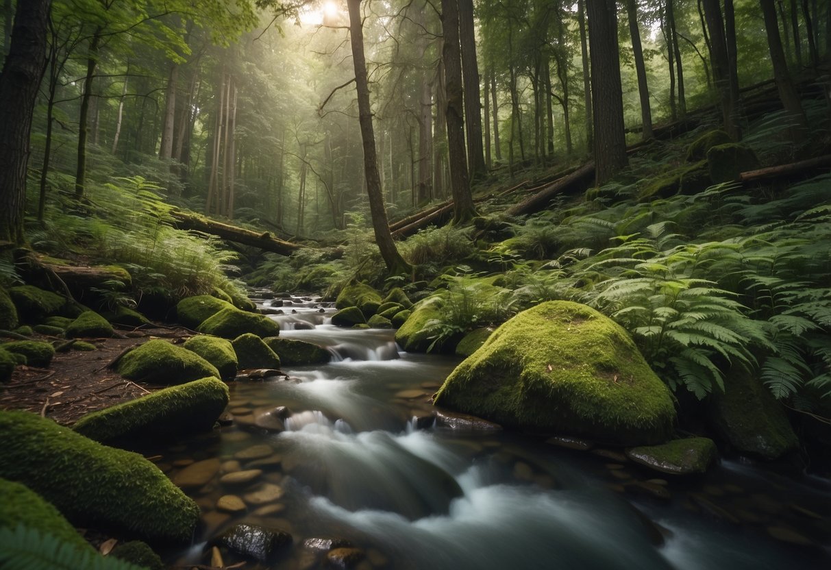 A serene forest trail with a clear stream, wildlife, and minimal human impact. No litter or signs of human presence