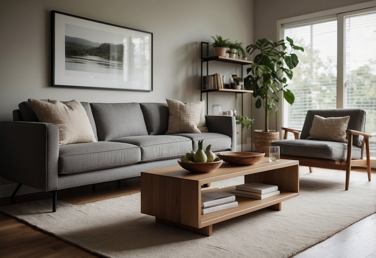 A modern living room with a sleek sofa, coffee table, and bookshelf. Clean lines and neutral colors create a minimalist, inviting atmosphere