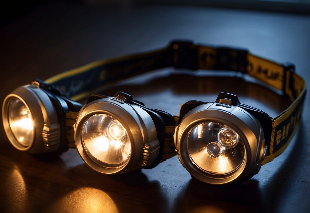 A group of five lightweight headlamps arranged in a semi-circle on a table, with each headlamp turned on and casting a bright beam of light