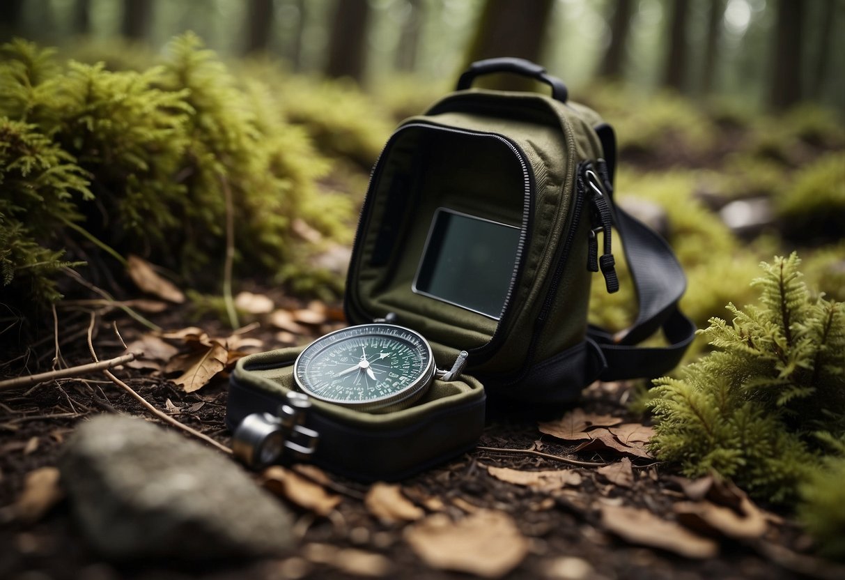 Backpack and gear spread on forest floor, map and compass in hand, hiker surveys surroundings, while signaling for help with a mirror