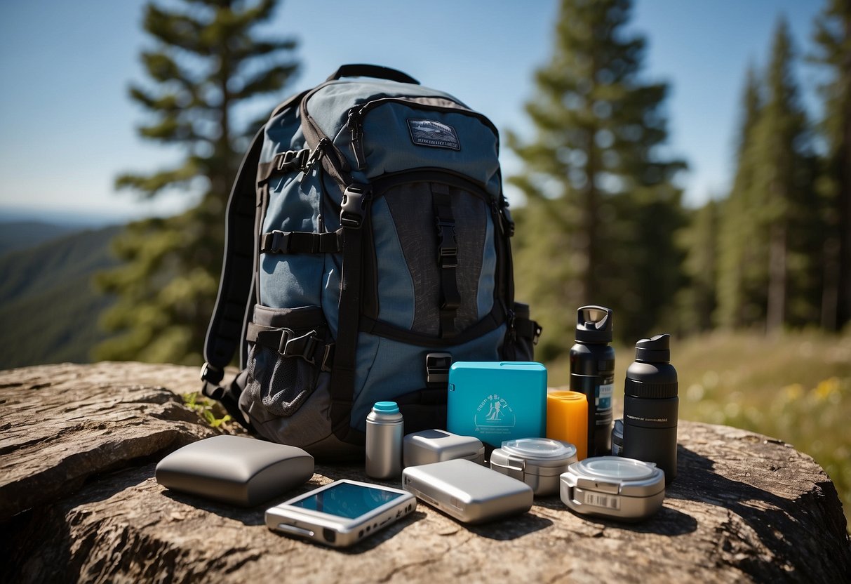 A backpack sits open on the ground, revealing a fire starter kit and emergency supplies neatly organized inside. Surrounding the backpack are various outdoor elements such as trees, rocks, and a clear blue sky