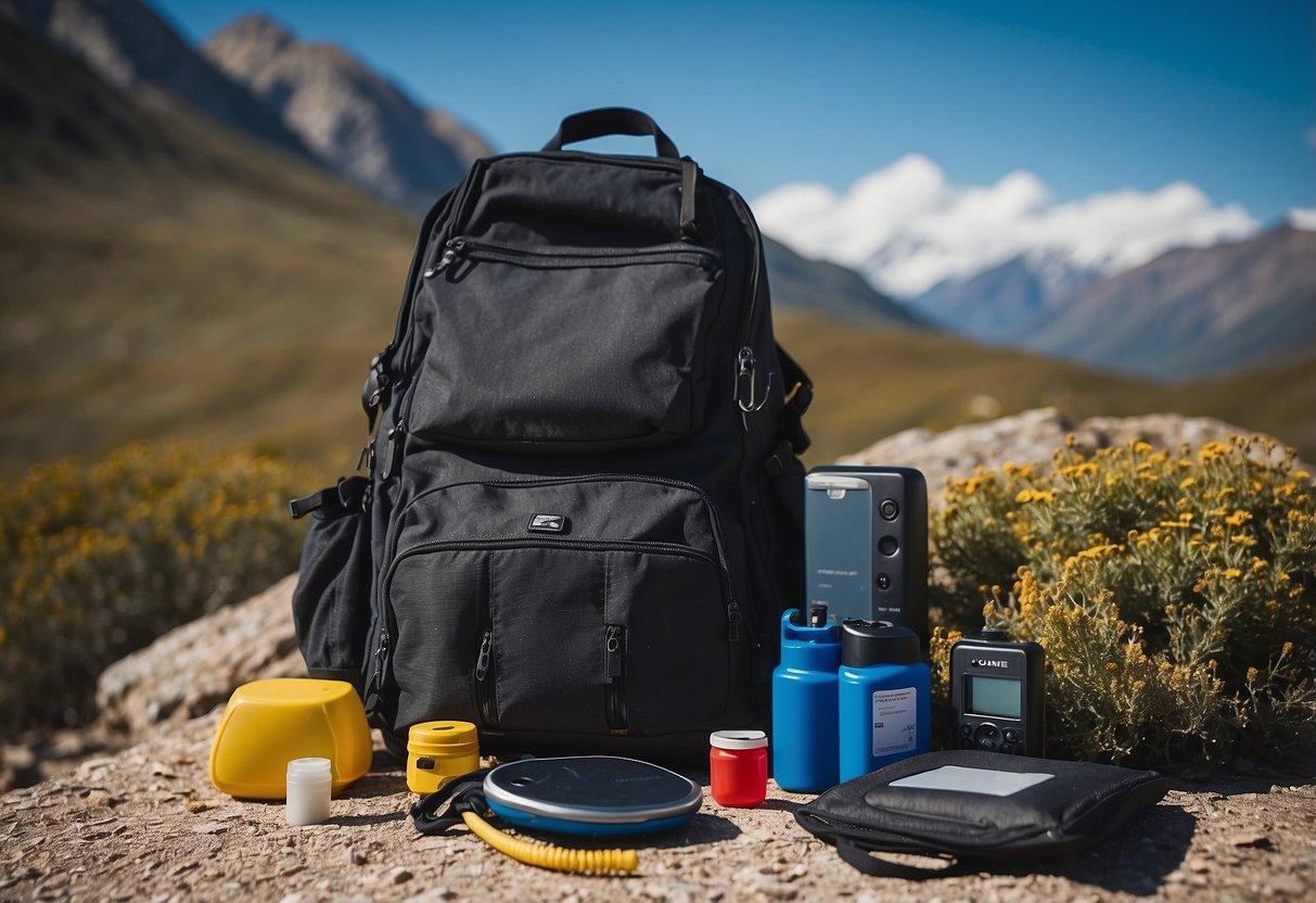 A backpack lies open on the ground, revealing a satellite phone, first aid kit, and emergency whistle. The surrounding landscape is rugged, with mountains in the distance and a clear blue sky overhead