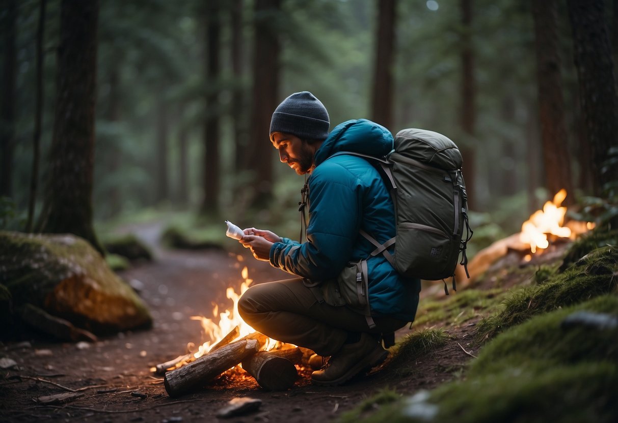 Backpacker surrounded by nature, making a fire, signaling for help, bandaging a wound, using a map, purifying water, setting up shelter, calling for rescue, administering first aid, and staying calm