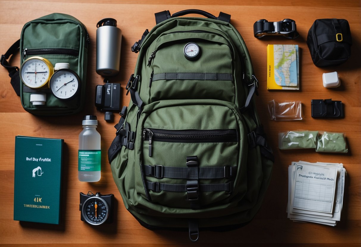 A backpack laid out with emergency supplies, map, compass, and first aid kit. Flashlight and multi-tool nearby. Checklist and guidebook on the table