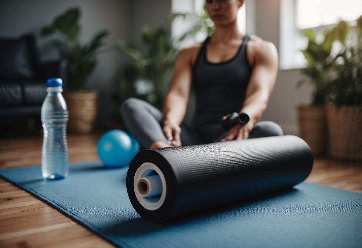 A person sitting on a yoga mat with a foam roller, water bottle, and stretching band nearby. A heating pad and ice pack are also visible