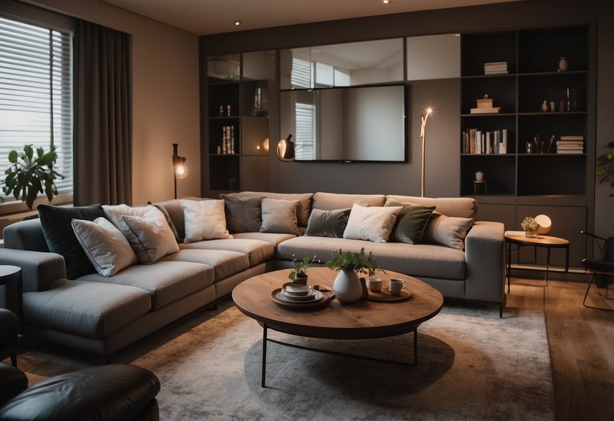 A cozy living room with modern furniture, warm lighting, and a sleek coffee table. A comfortable sofa and stylish armchairs create a welcoming atmosphere