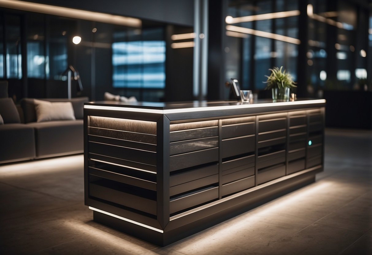 A modern furniture counter with sleek, minimalist designs and various pieces displayed in an organized and aesthetically pleasing manner