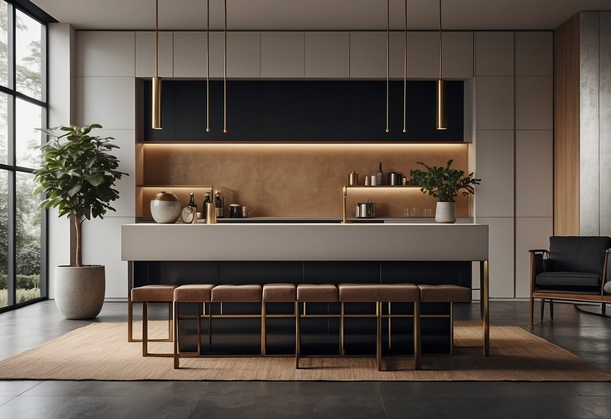 A sleek, modern furniture counter with clean lines and a minimalist design, showcasing a variety of essential home furnishings and decor items