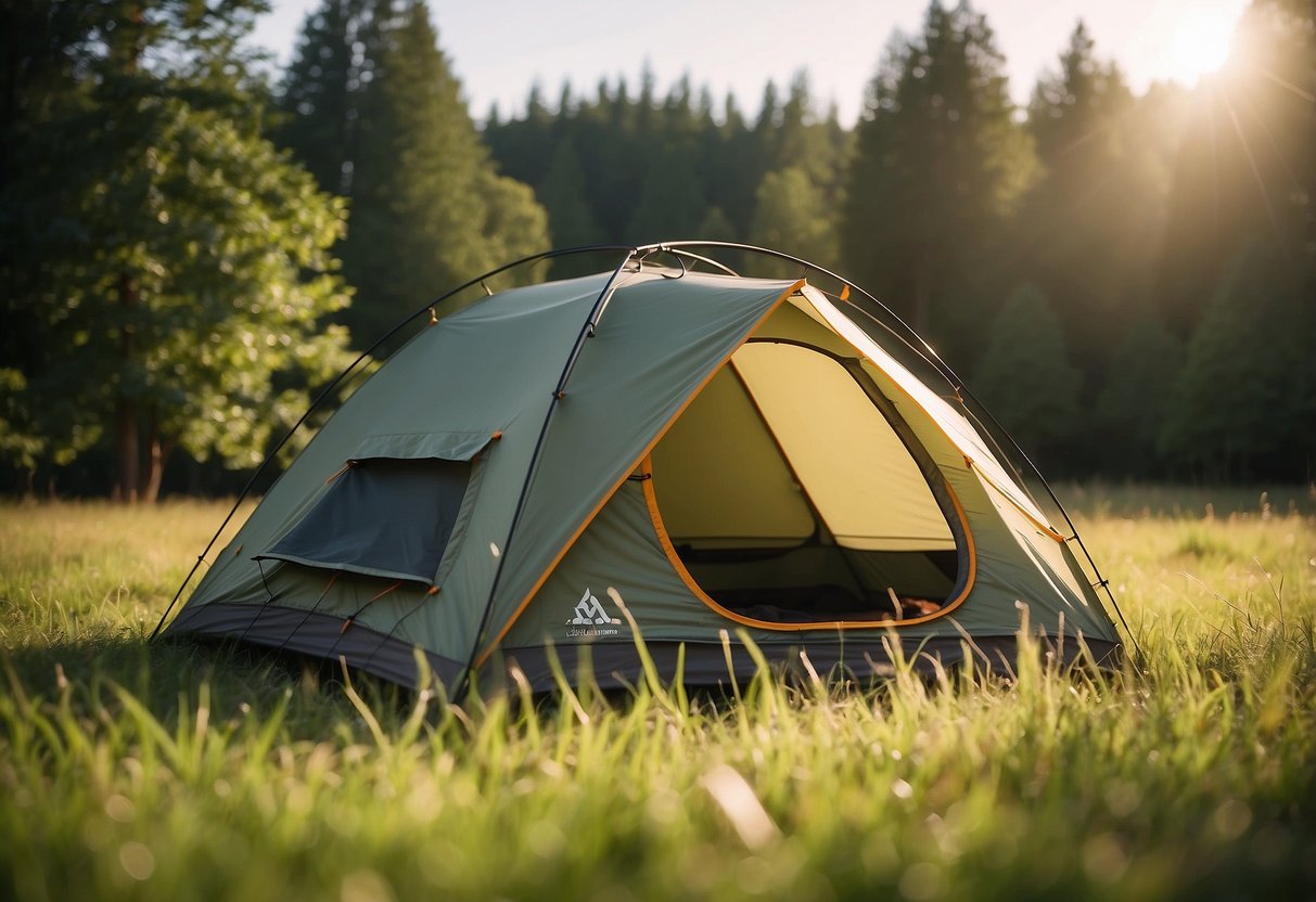 Two-person tent pitched on grassy meadow, surrounded by trees. Bright sunlight illuminates the lightweight tent, showing its compact size and durable materials