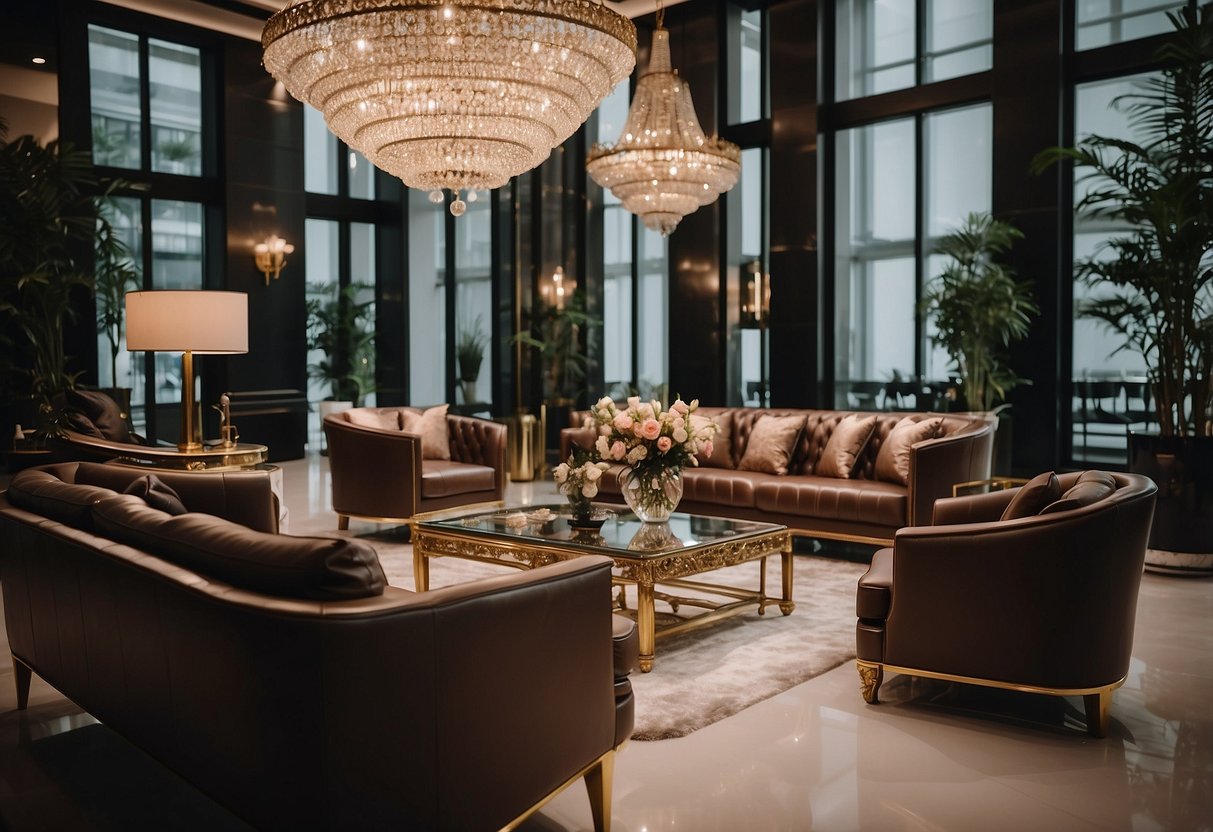 A luxurious Italian furniture showroom in Singapore, showcasing sleek designs and exquisite craftsmanship. Rich leather sofas, marble-topped tables, and ornate chandeliers exude elegance