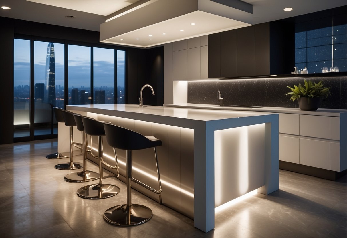 A sleek, modern furniture counter with clean lines and subtle lighting, showcasing both functional and aesthetic enhancements