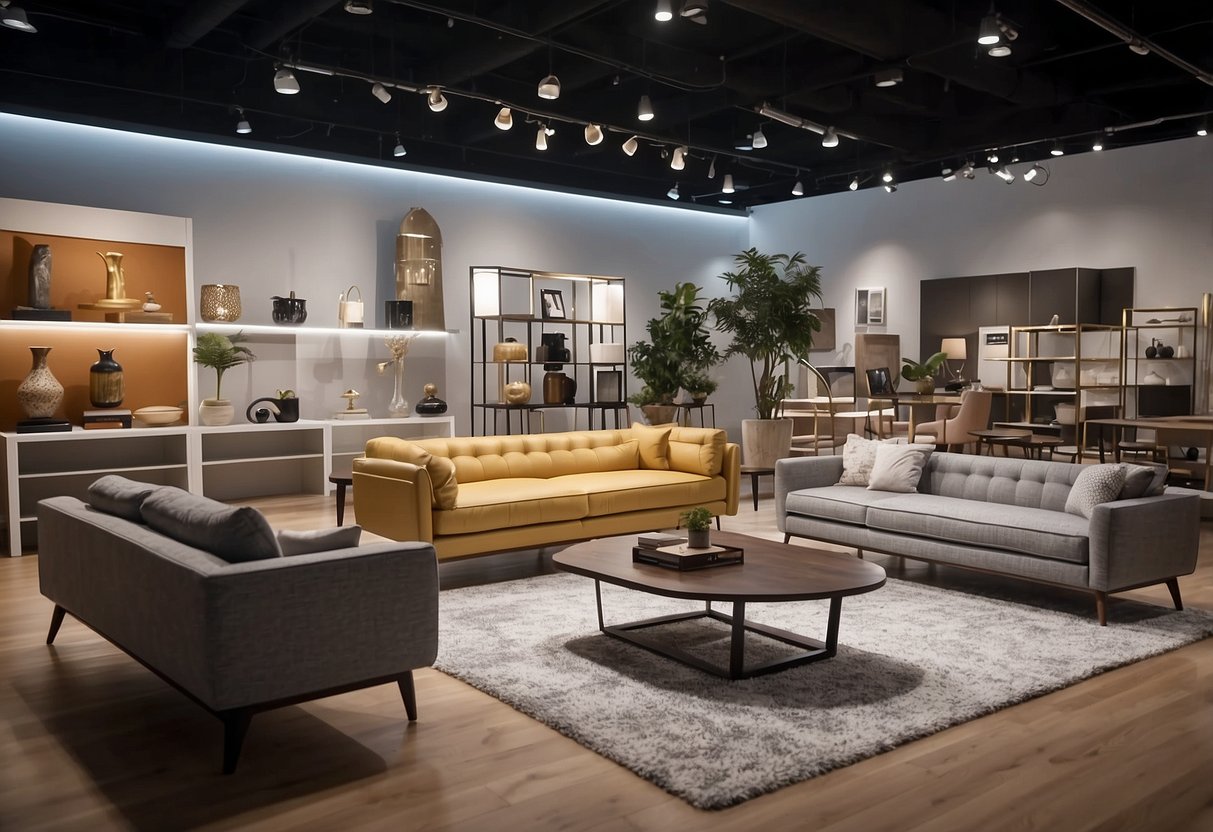 A spacious showroom displays a variety of modern and classic furniture pieces. Price tags highlight the affordability while shelves showcase the wide selection available