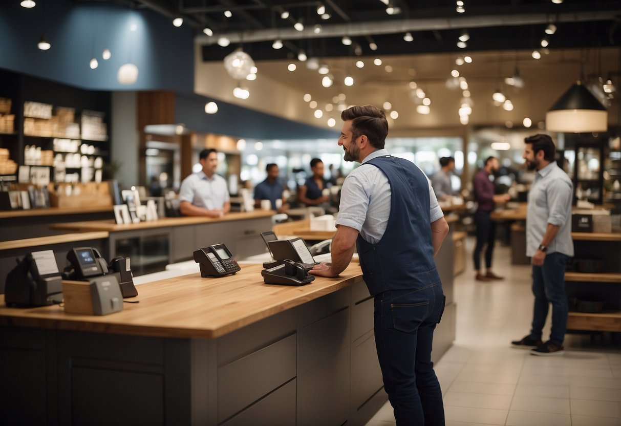 A busy furniture counter with customers asking questions. Items displayed neatly, staff assisting. Bright, welcoming atmosphere