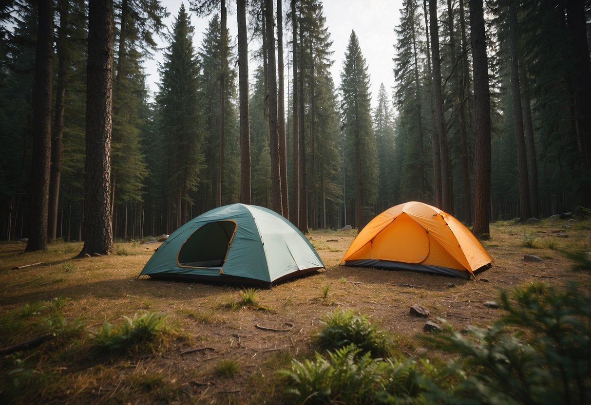 Two tents side by side, one modern lightweight design, the other traditional. Couples camping gear scattered around. Forest backdrop