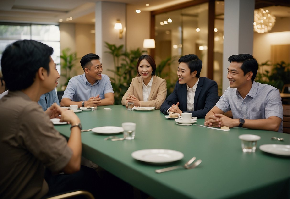 A group of people gathered around a table, discussing and asking questions about furniture at the "Frequently Asked Questions furniture club singapore."
