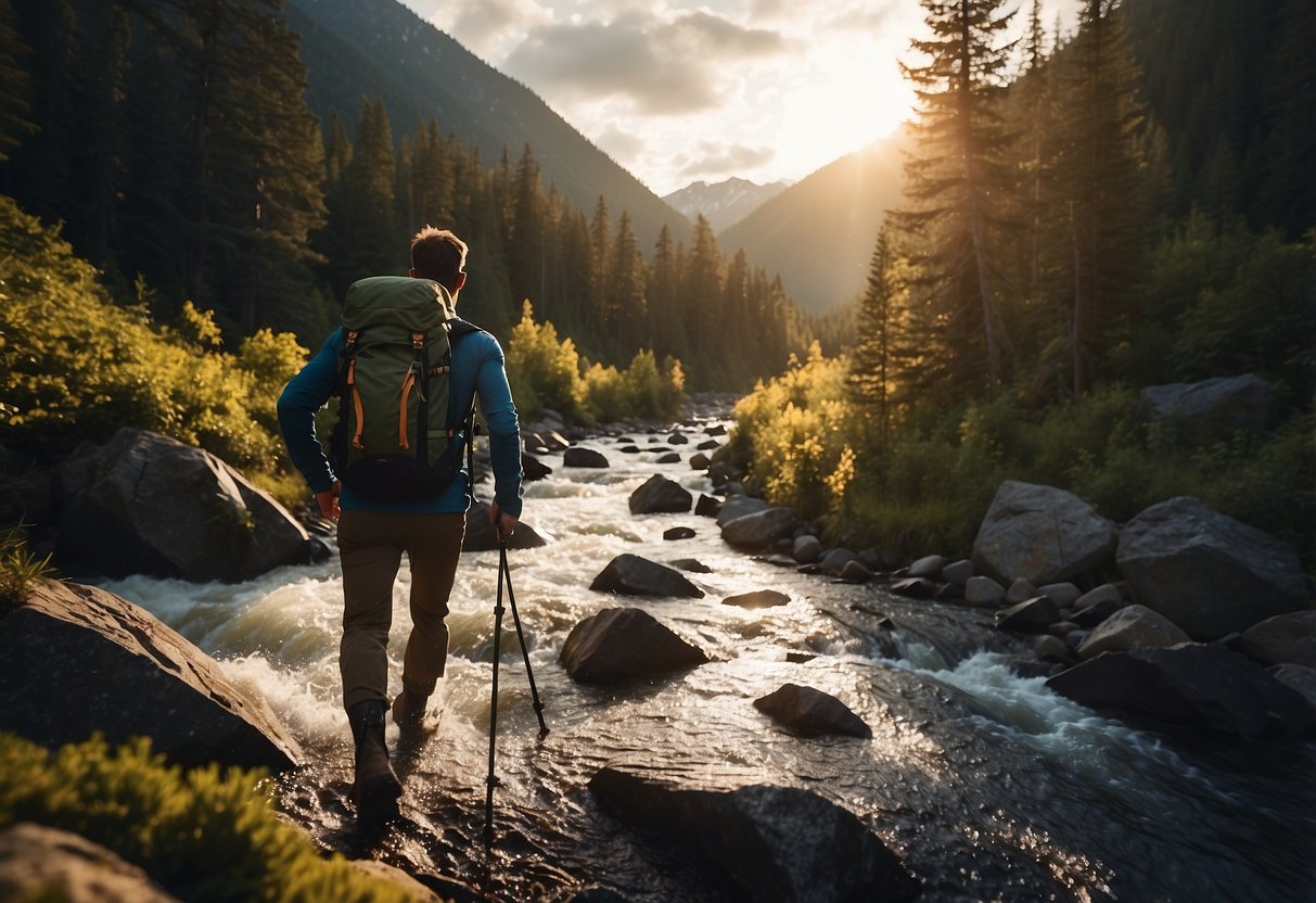 A rugged mountain trail winds through dense forest, crossing a rushing river. A hiker navigates steep terrain, carrying a backpack and using trekking poles. The sun sets behind distant peaks