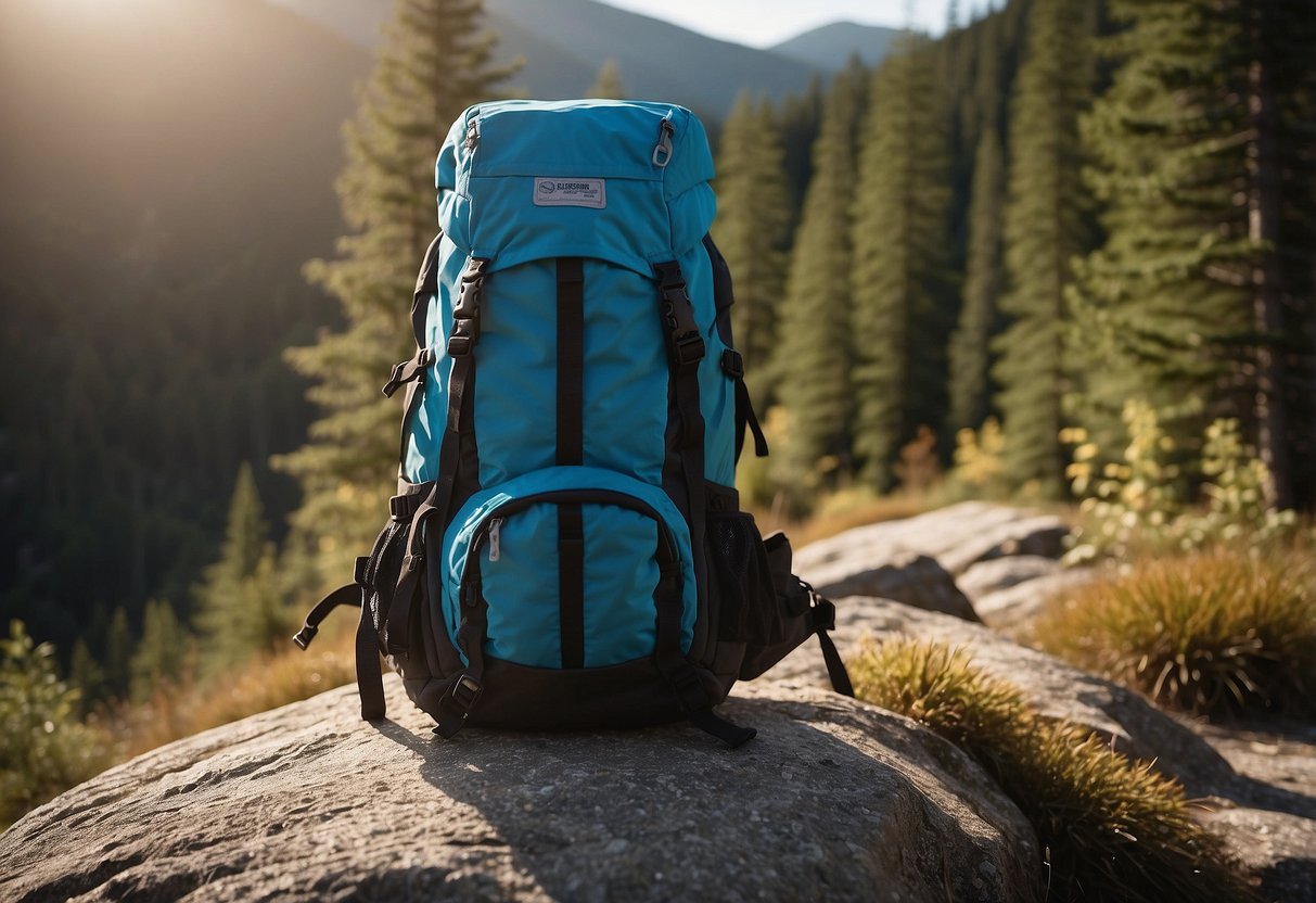 A backpack with water bottles and snacks on a rocky trail in a remote wilderness. Sunshine and trees in the background