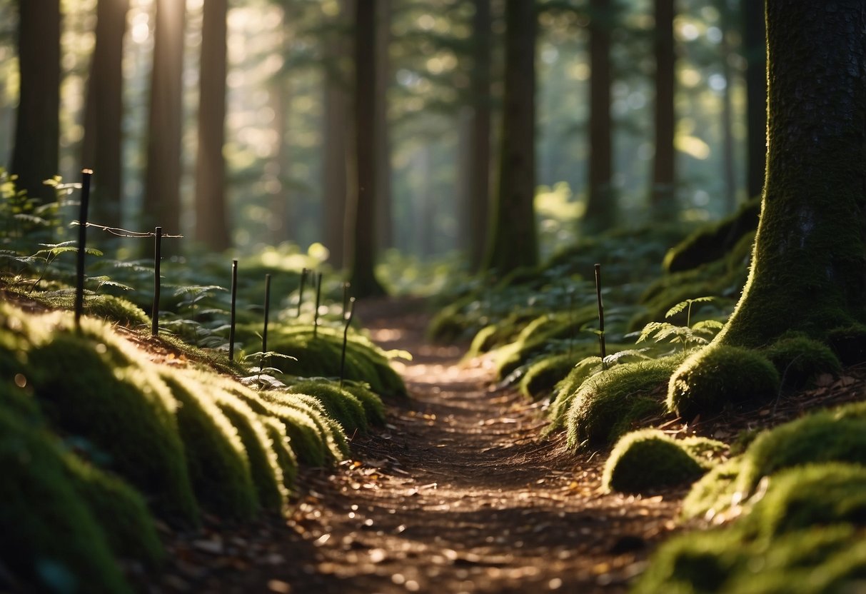 A serene forest trail with 5 sleek, lightweight hiking poles leaning against a moss-covered tree. Sunlight filters through the canopy, casting dappled shadows on the forest floor