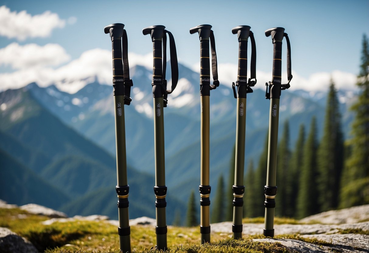 Five sleek aluminum hiking poles stand against a backdrop of Cascade Mountain, ready for adventure