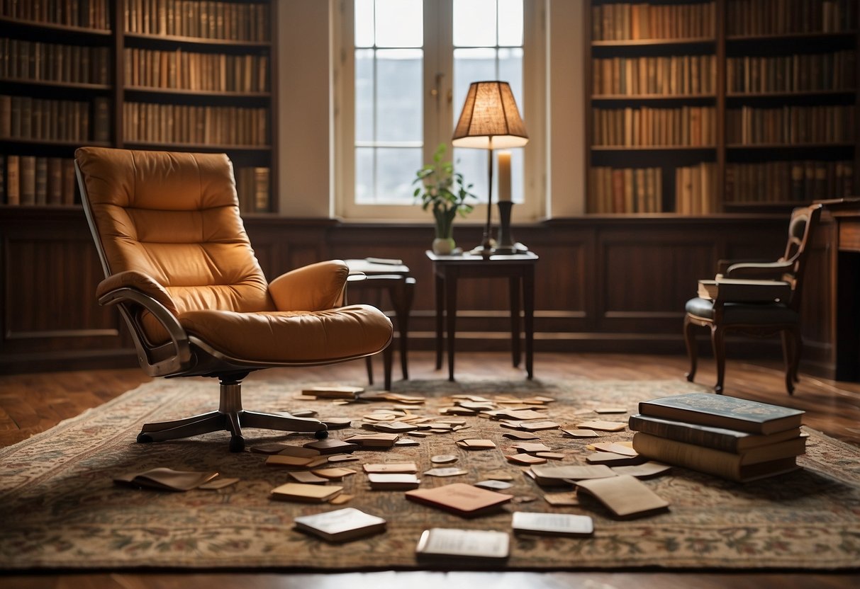 A chair and table toppled, books scattered on the floor. Rug wrinkled, lamp askew