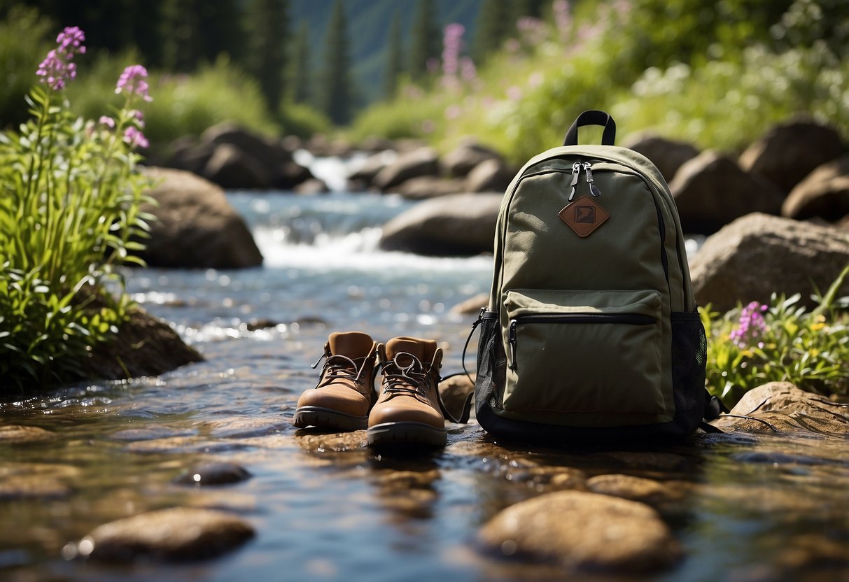 A backpack rests on the ground beside a bubbling stream, surrounded by towering trees and vibrant wildflowers. A pair of hiking boots sit nearby, while a distant mountain peak looms in the background