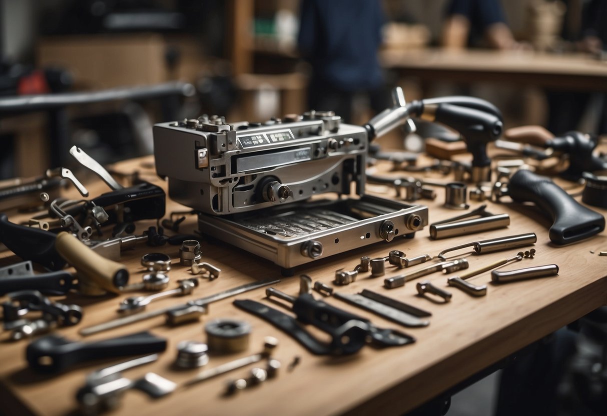 Furniture being assembled and repaired in a workshop setting. Tools and parts scattered around