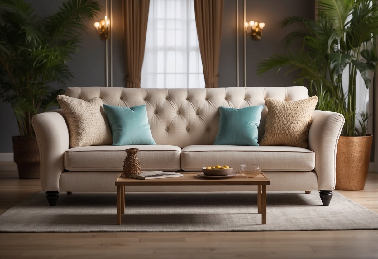A cozy furniture bazaar sofa sits in a well-lit showroom, surrounded by elegant decor and soft, plush cushions
