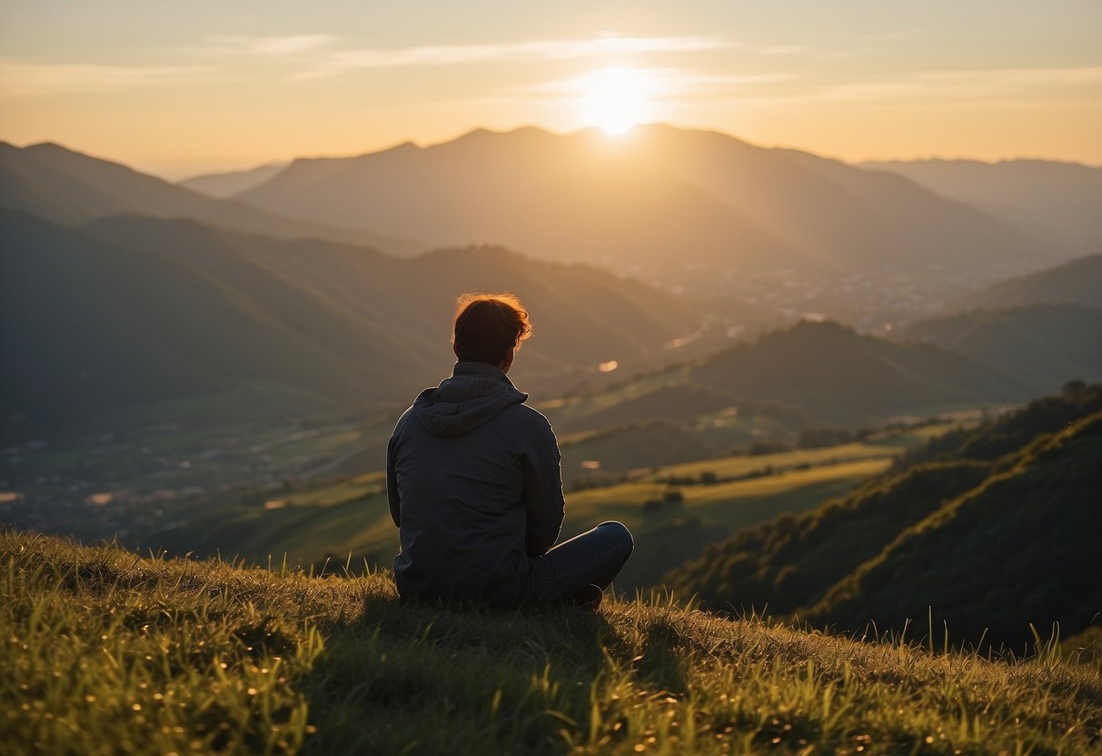 A figure sits cross-legged on a grassy knoll, facing a vast, serene landscape. The sun sets behind distant mountains, casting a warm glow over the scene